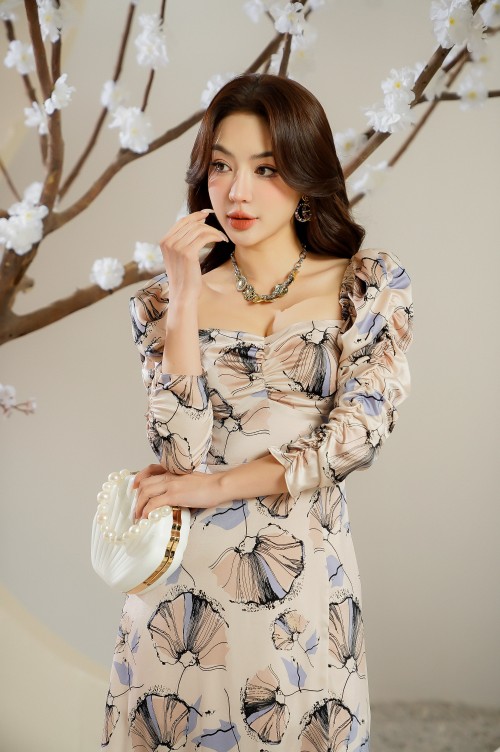 Sixdo Nude Butterfly Midi Silk Dress